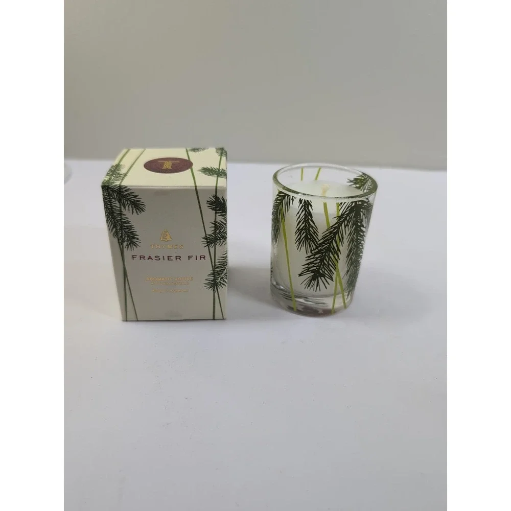 Thymes Frasier Fir Votive – Frosted Plaid Coll. Green Gold & White Glass Jar NEW